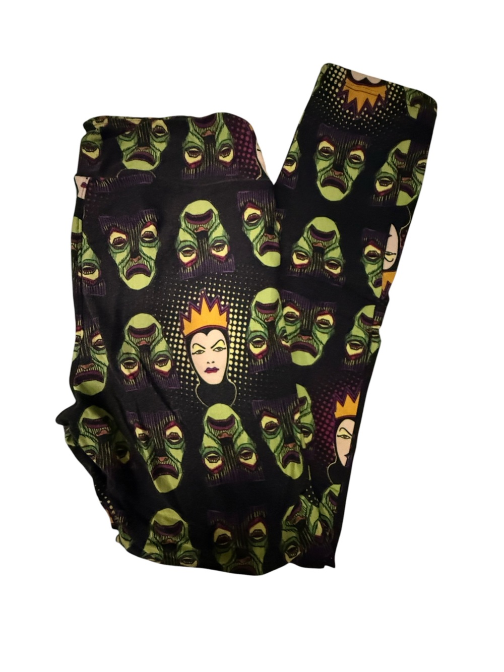 LuLaRoe Disney Villain Black Leggings with Green & Yellow Villain Face Print